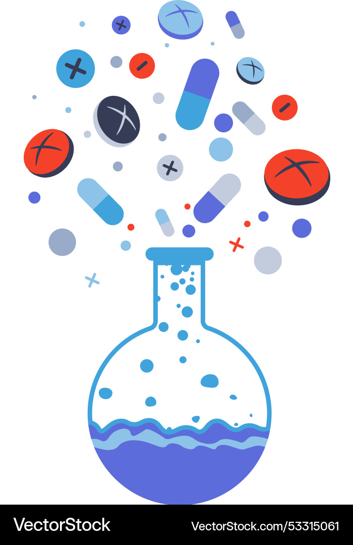 Laboratory flask with pills floating vector image