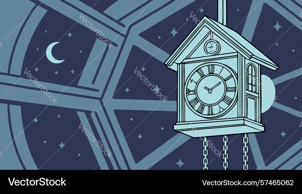 Cuckoo clock in abstract window with moon design vector image