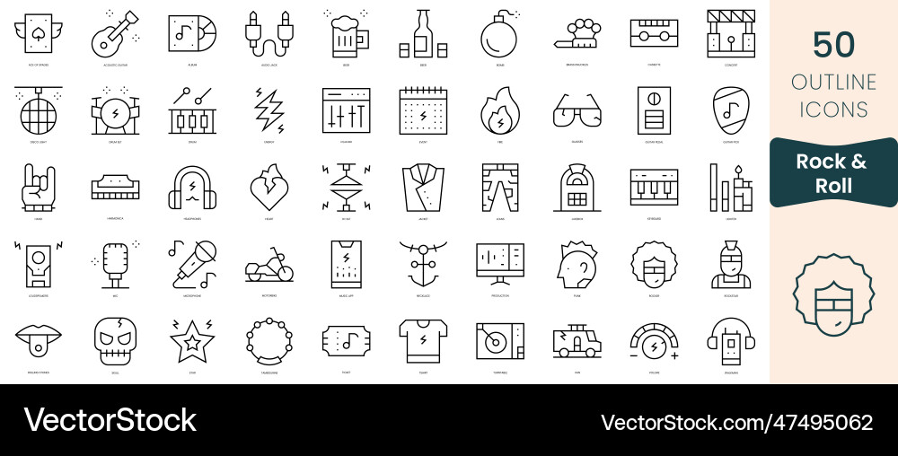 Set of rock and roll icons thin linear style Vector Image
