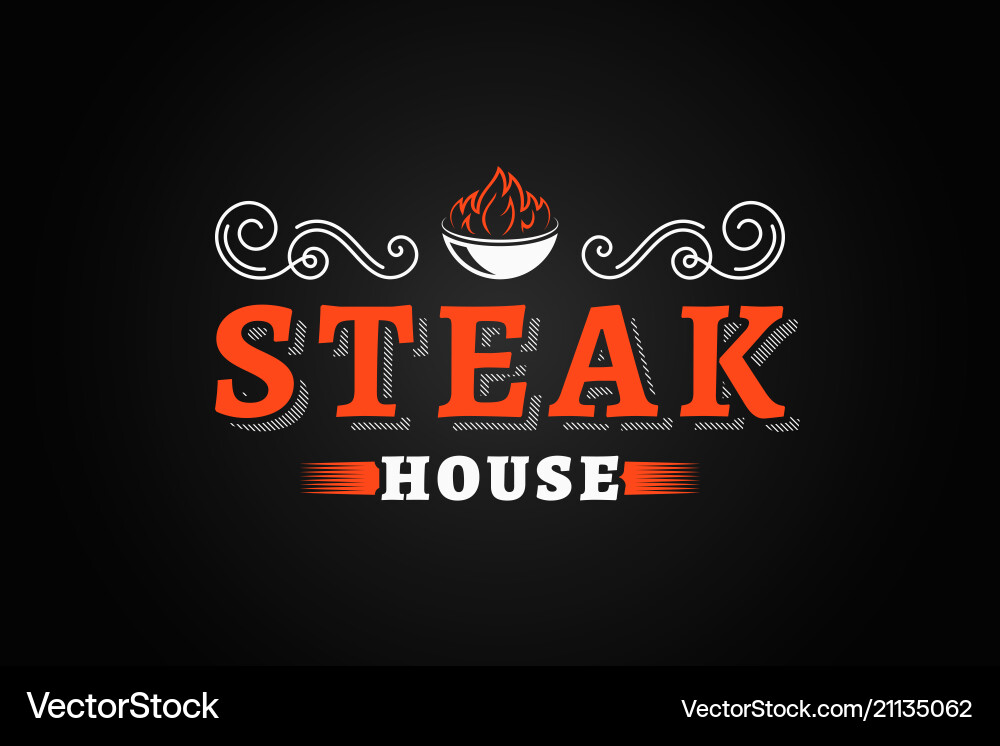 Steak Haus Vintage Logo mit Feuerflamme auf schwarz Steak Haus Vintage Logo mit Feuerflamme auf schwarz vektorbild