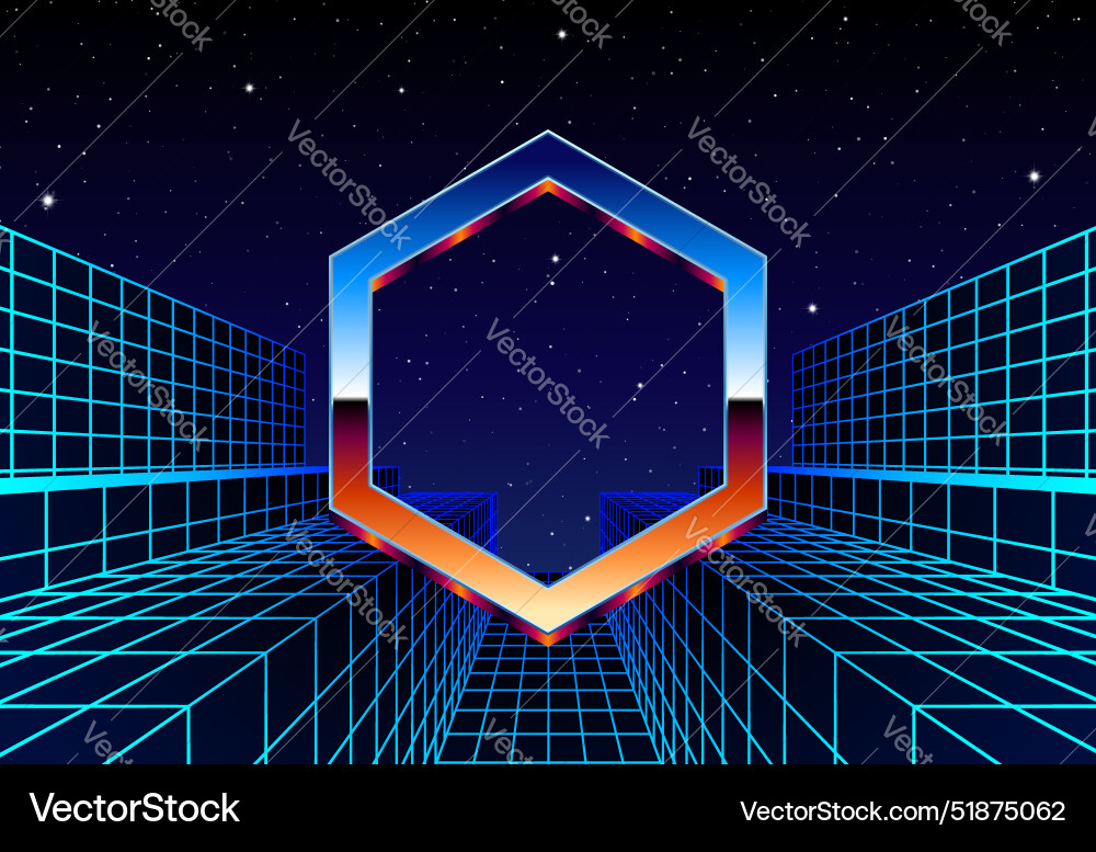 Synthwave frame with chrome hexagon and 80s styled Synthwave frame with chrome hexagon and 80s styled Vector Image