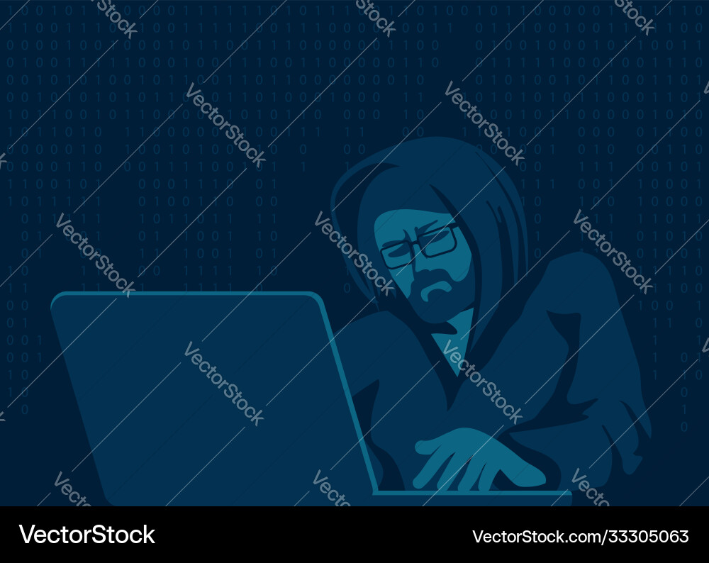 A hacker with laptop breaks computer code vector image