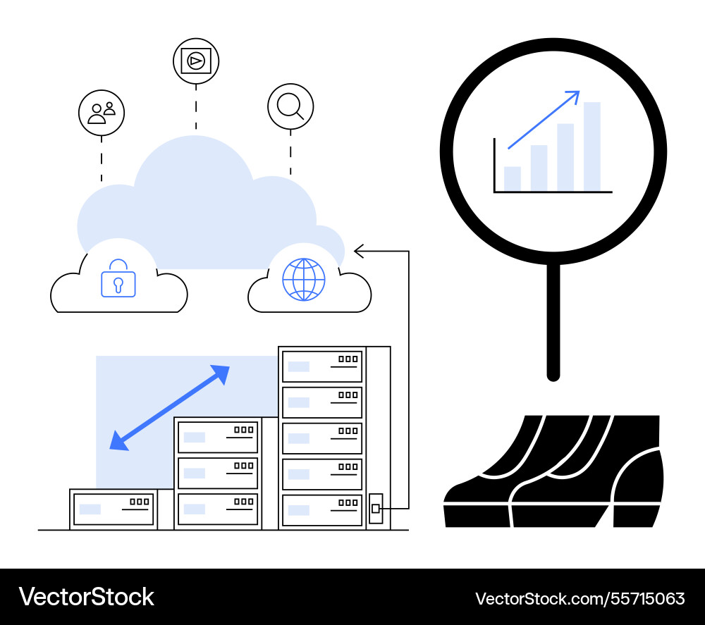 Cloud computing with data analysis magnifying Cloud computing with data analysis magnifying vector image