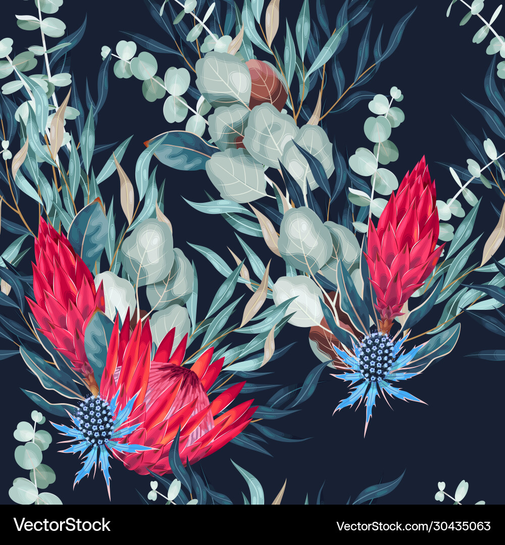 Plaited Protea & Greenery Pattern Vector Image