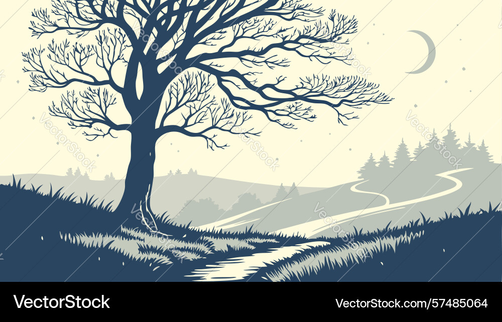 Bare tree on winding path by moonlight mysterious vector image