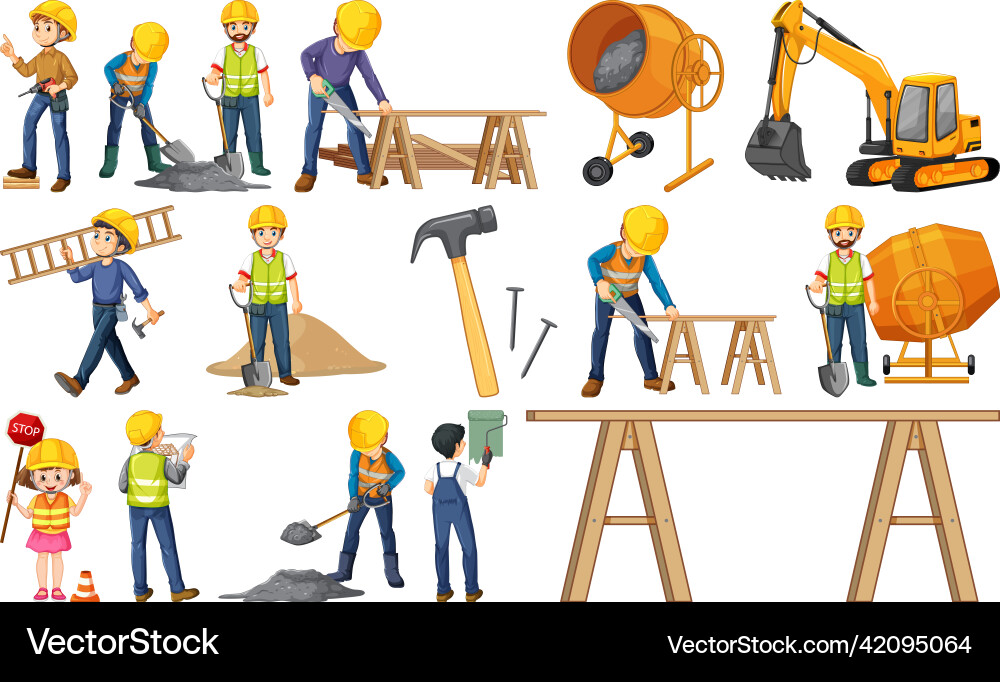 Set of construction site objects and workers Set of construction site objects and workers vector image