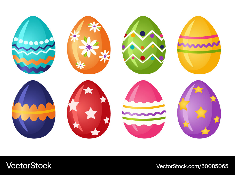 Set of multi-colored easter eggs with patterns Set of multi-colored easter eggs with patterns Vector Image