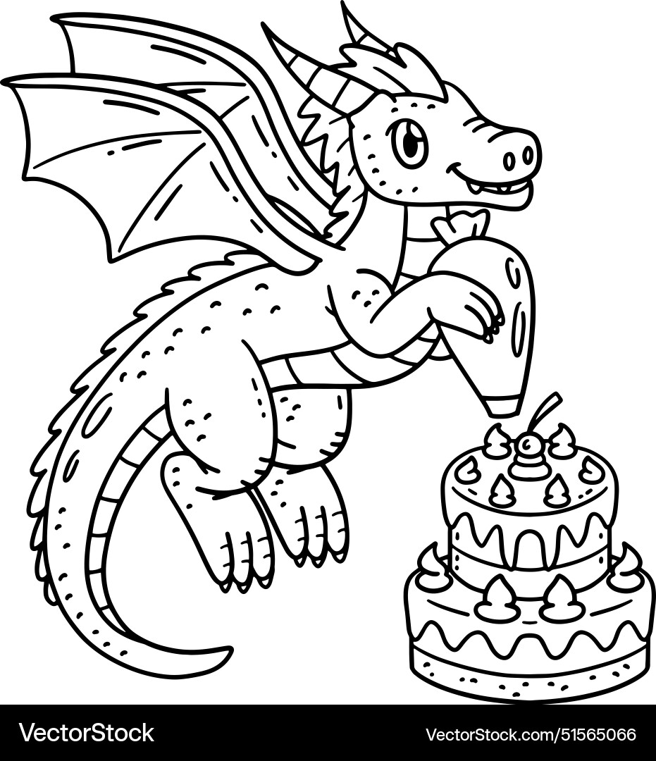 Dragon decorating cake isolated coloring page Vector Image