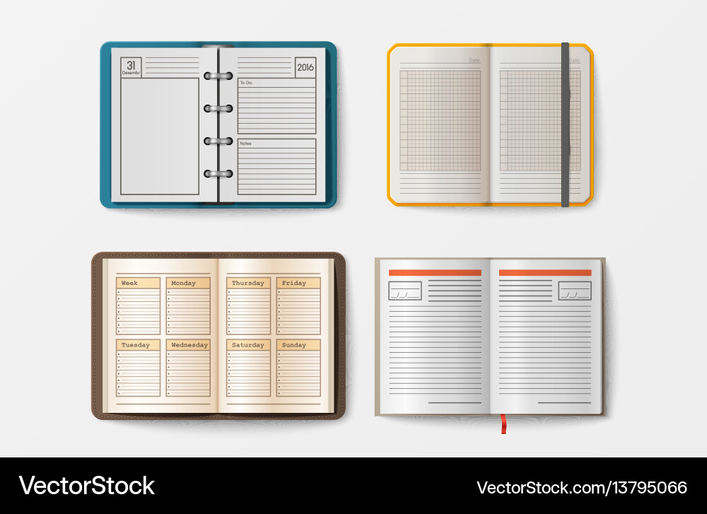 Set of open realistic notebooks with pages diary Vector Image