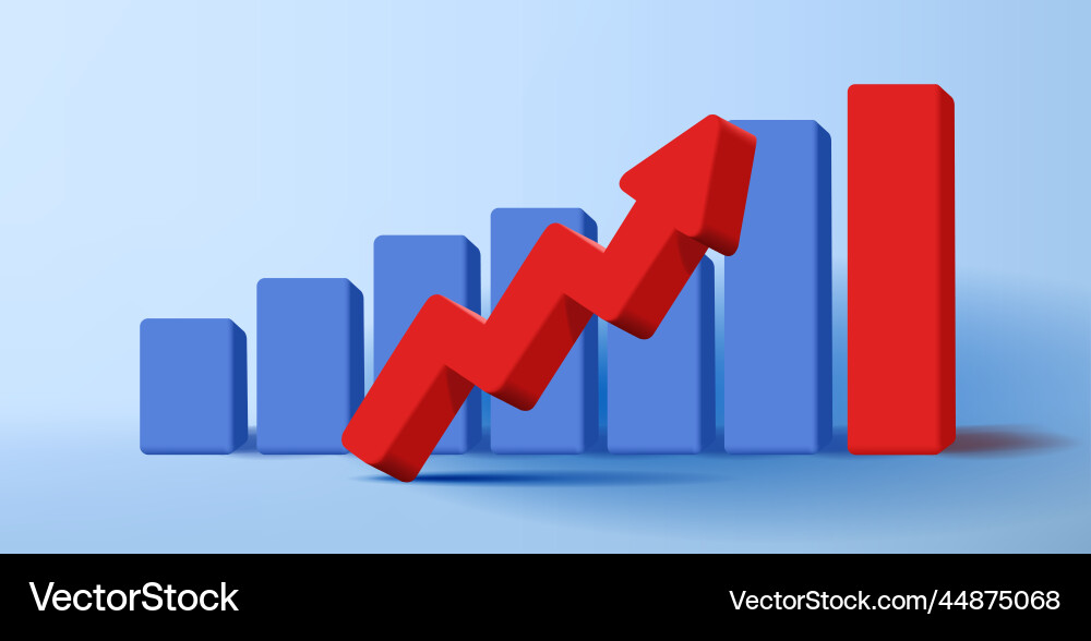 3d composition of bar chart with volume red arrow 3d composition of bar chart with volume red arrow Vector Image