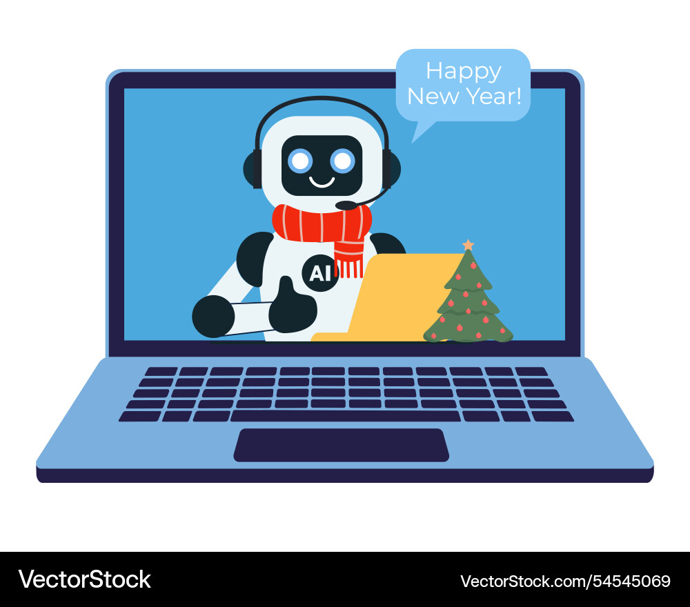 Chat bot in red scarf and with christmas tree Chat bot in red scarf and with christmas tree vector image