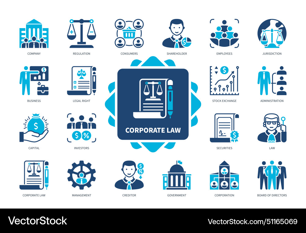 Corporate law solid icon set Royalty Free Vector Image