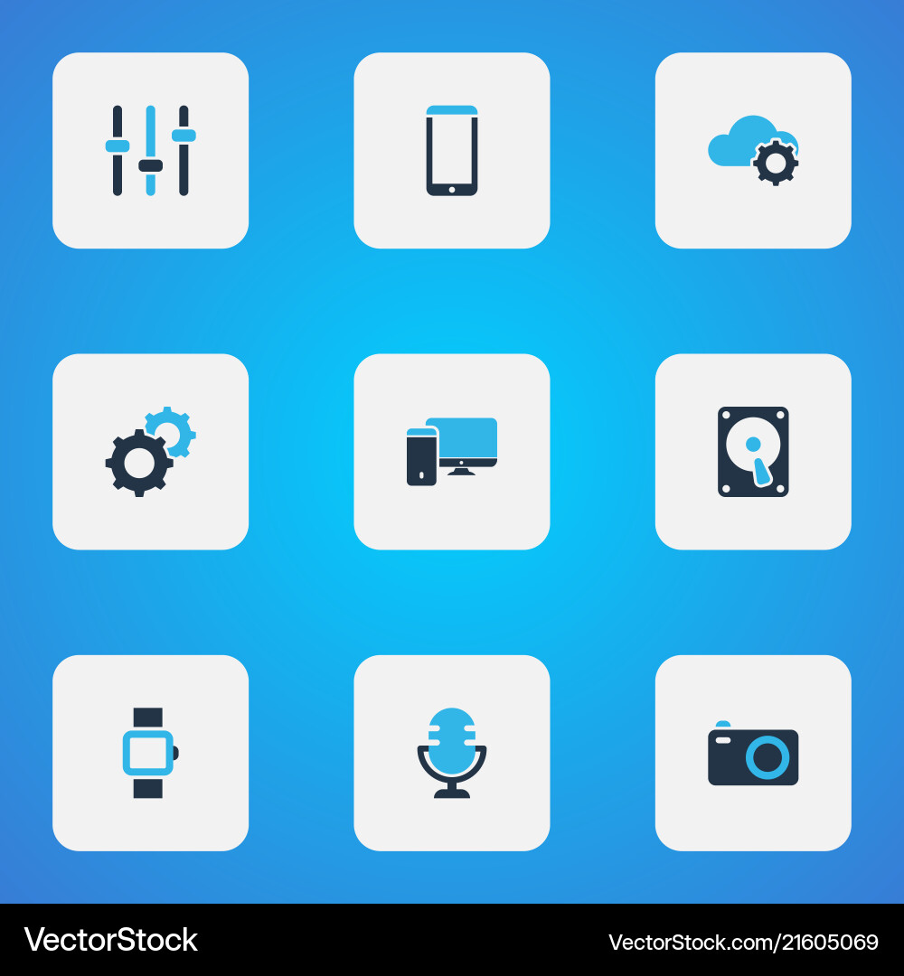 Device icons colored set with camera hdd setting Device icons colored set with camera hdd setting Vector Image