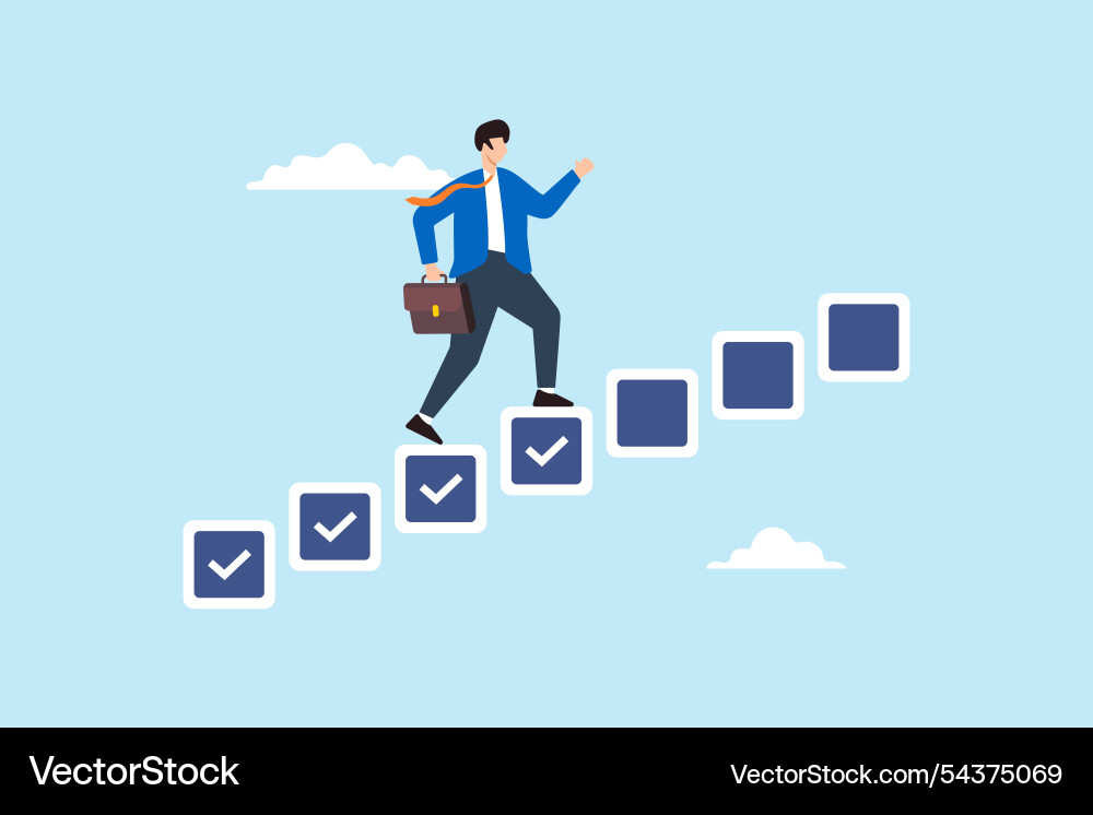 Flat of businessman step on checkbox checklist Flat of businessman step on checkbox checklist vector image