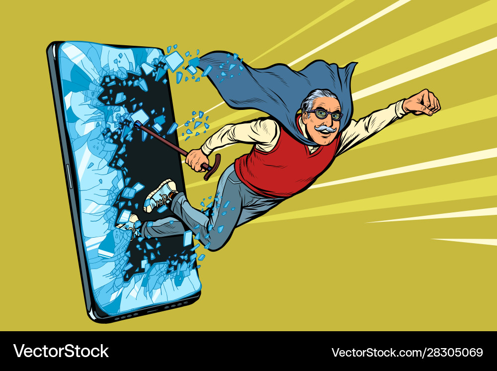 Senior Tech Hero - Breaking Through Vector Image