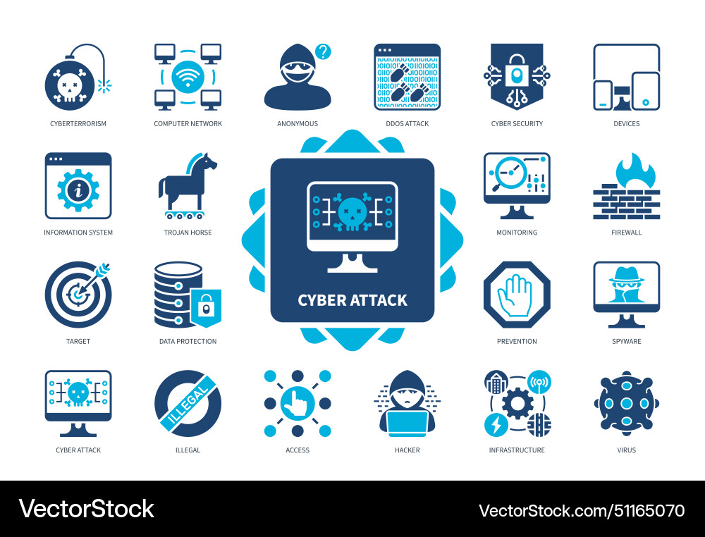 Cyber attack solid icon set Cyber attack solid icon set vector image