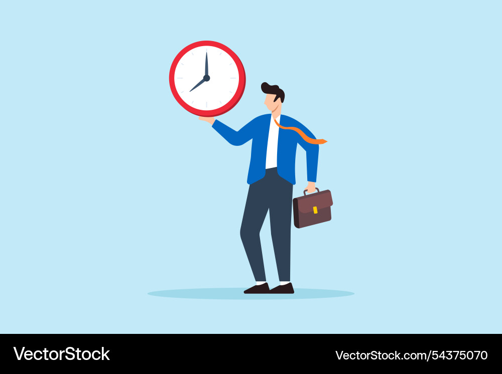 Flat of punctual businessman hold clock Flat of punctual businessman hold clock vector image
