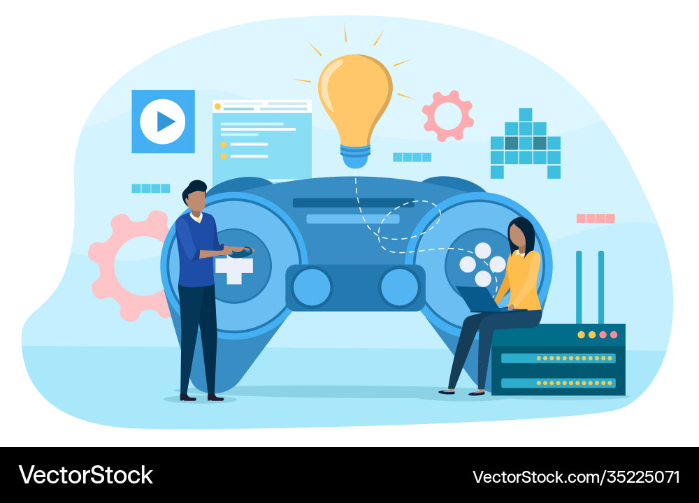 Two characters developing computer game Two characters developing computer game Vector Image