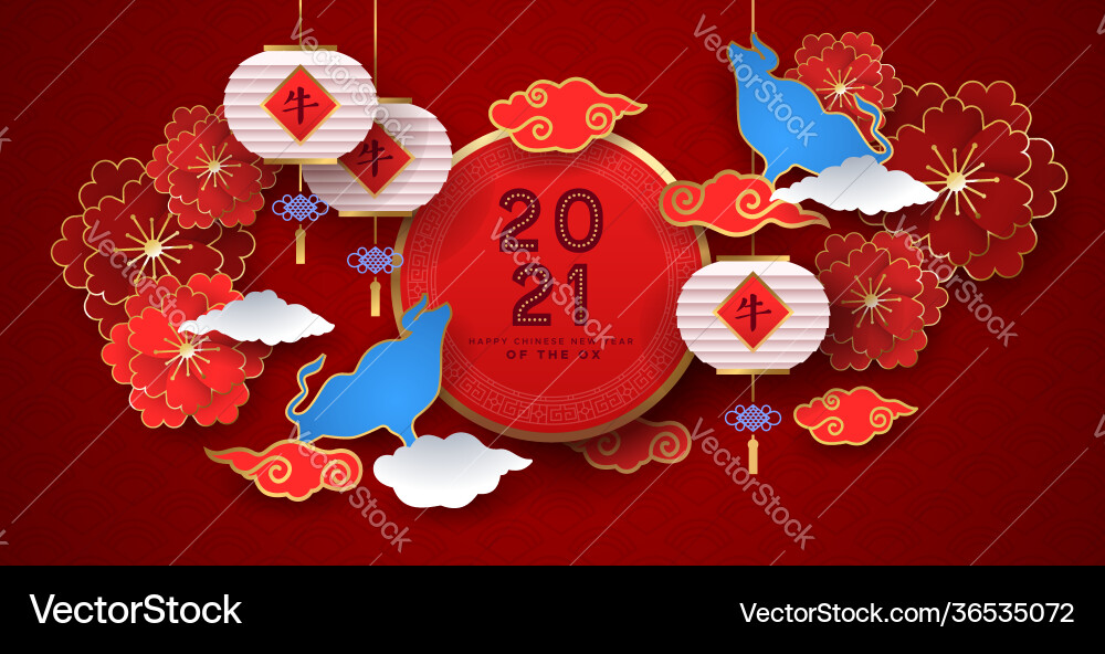 Chinese new year ox 2021 red flower paper cut card Chinese new year ox 2021 red flower paper cut card vector image