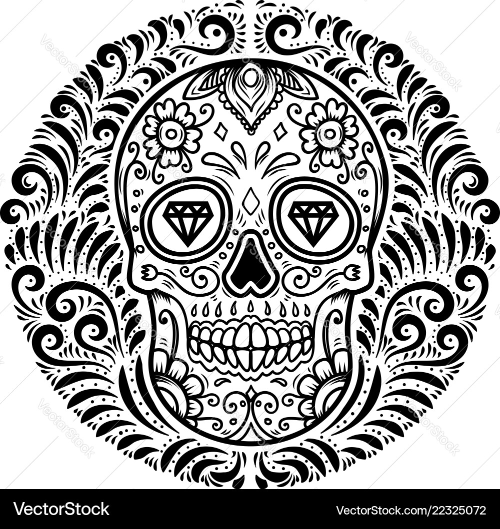 Sugar Skull with Floral Day of the Dead Pattern Vector Image