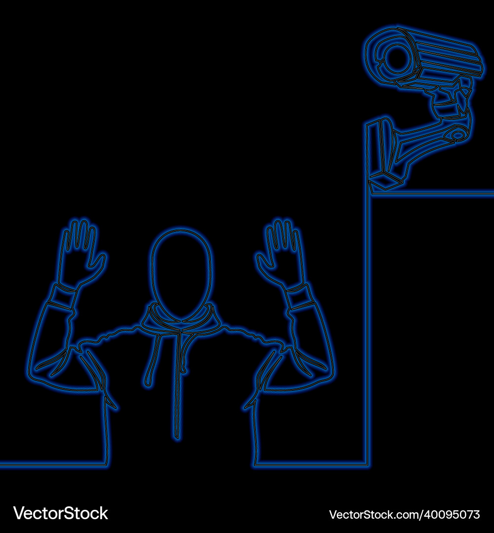 Continuous line thief with security camera neon Vector Image