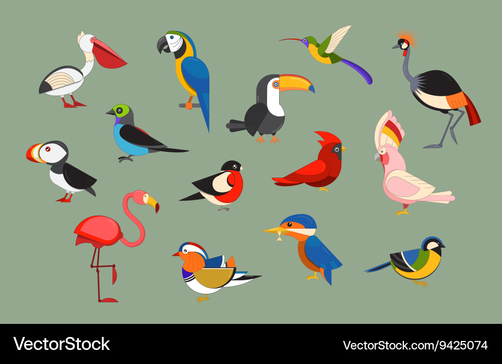 Cartoon Birds Icon Set - Diverse Avian Collection Vector Image