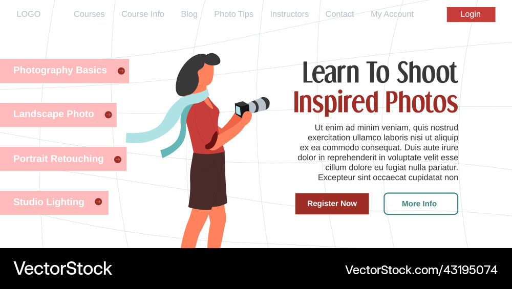 Learn to shoot inspired photos website register Vector Image