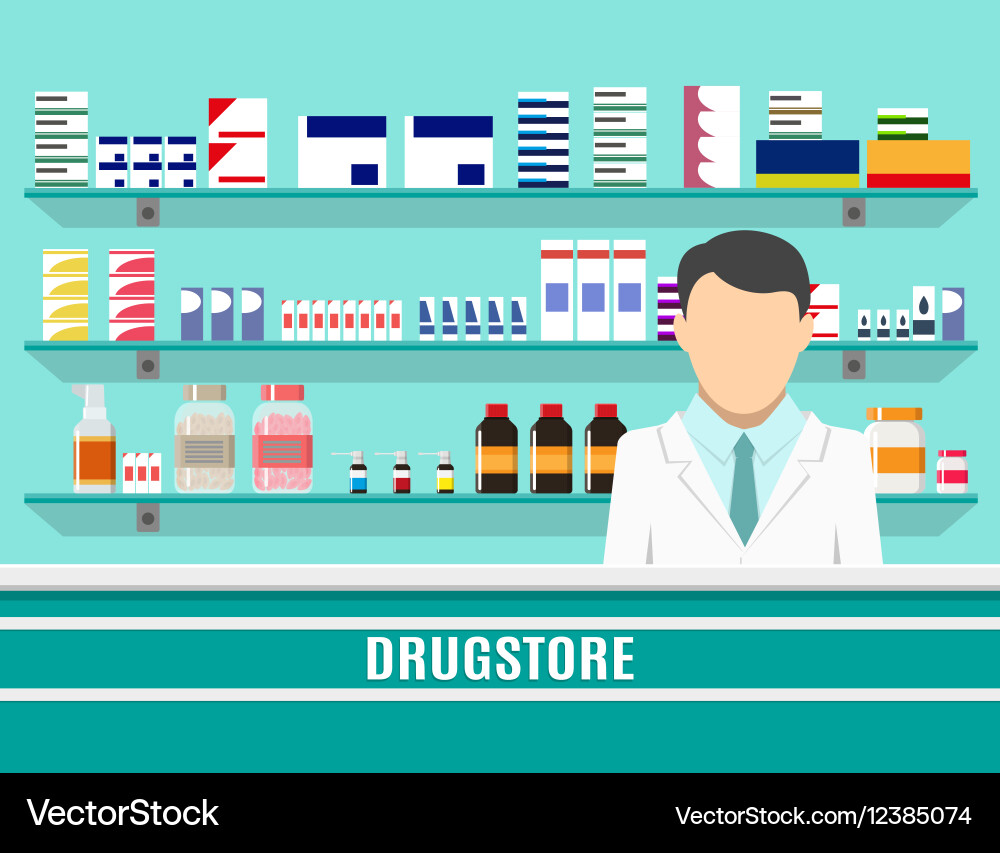 Moderne innere Apotheke mit männlichem Apotheker Vektorbild