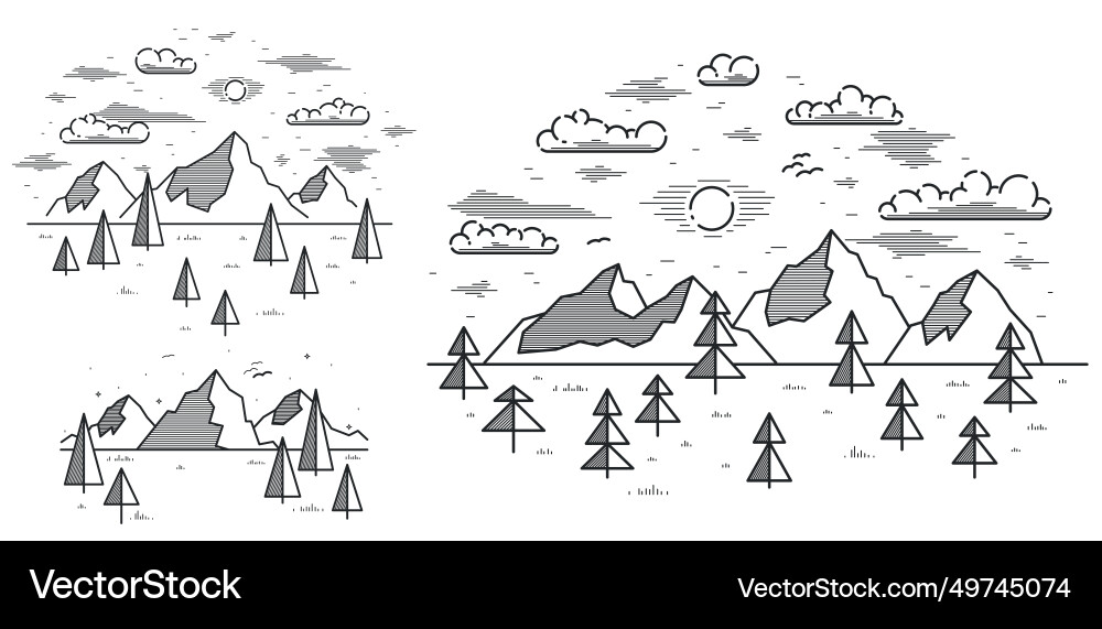Mountains range and pine forest linear isolated Vector Image