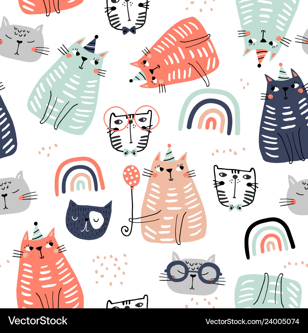 Seamless childish pattern with funny colorful cats vector image