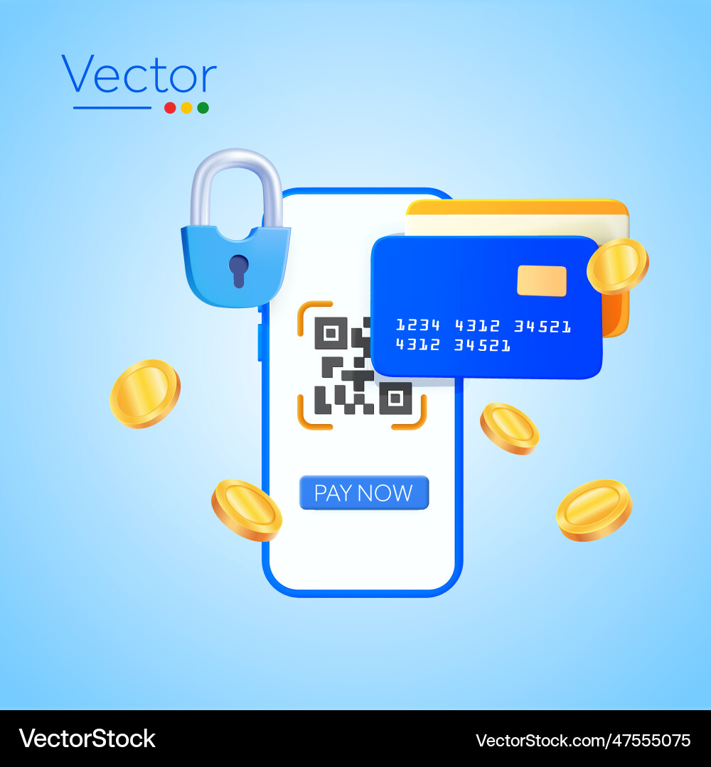3d phone with qr code pay now button on screen 3d phone with qr code pay now button on screen vector image