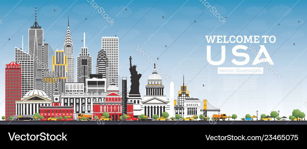 Willkommen bei usa skyline mit grauen Gebäuden Willkommen bei usa skyline mit grauen Gebäuden Vektorbild