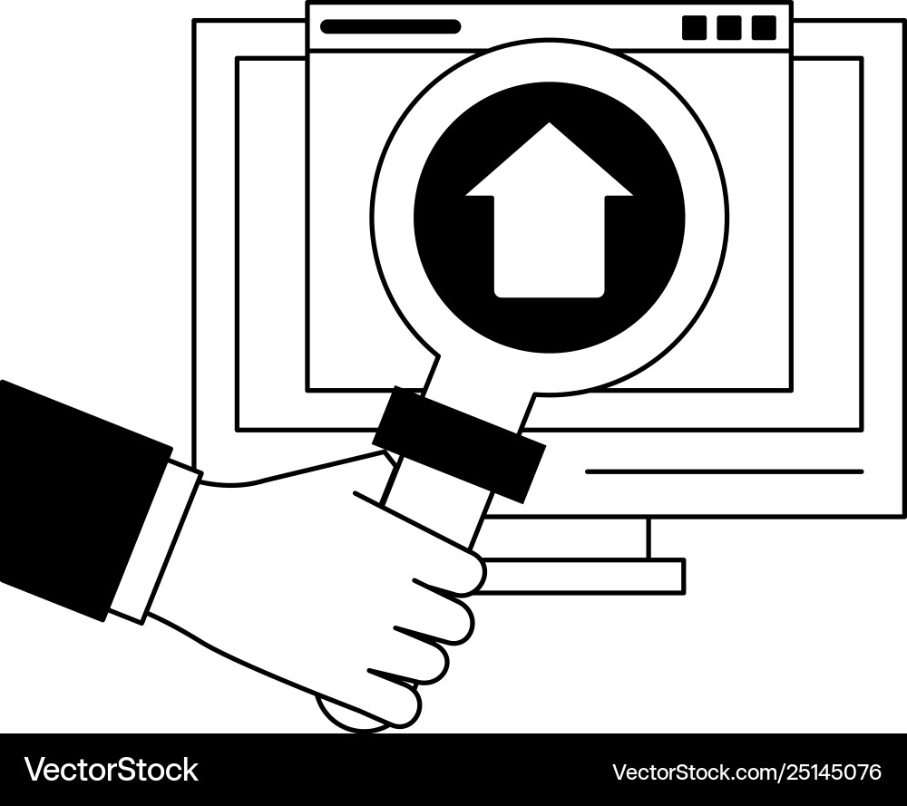 Computer with upload sign and magnifying glass Computer with upload sign and magnifying glass vector image