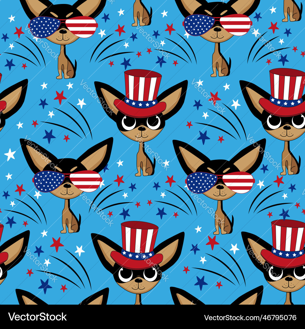 Cute dogs in usa patriotic hat seamless pattern Cute dogs in usa patriotic hat seamless pattern Vector Image
