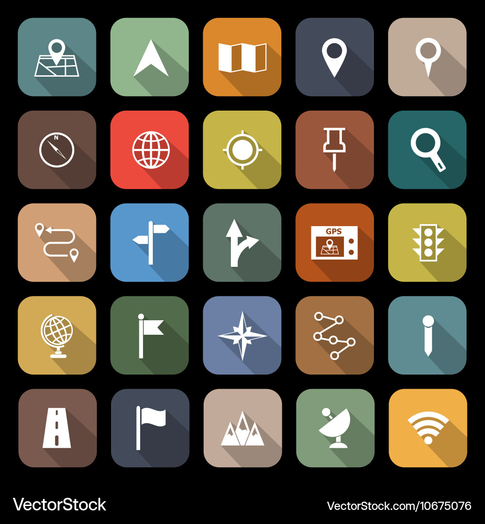 Navigation flat icons with long shadow Vector Image