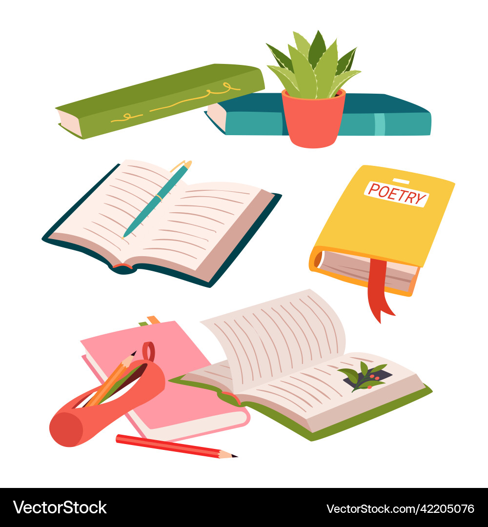 Open and closed books on bookshelf set pile Open and closed books on bookshelf set pile vector image