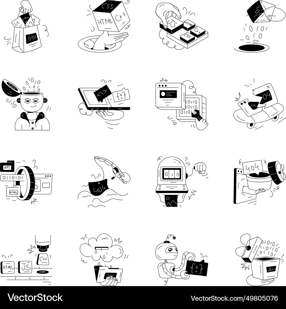 Pack of web programming doodle mini vector image