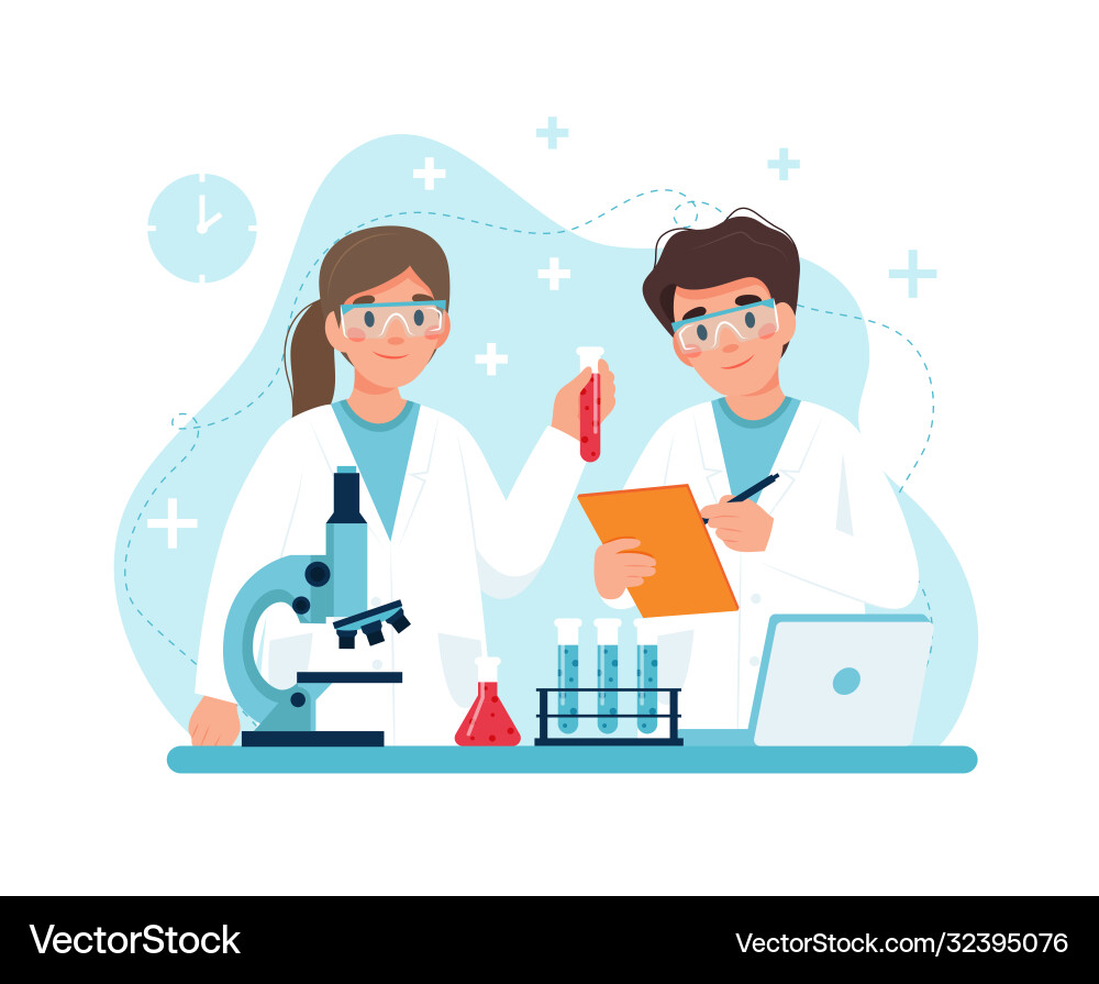 Scientist at work characters conducting Scientist at work characters conducting vector image