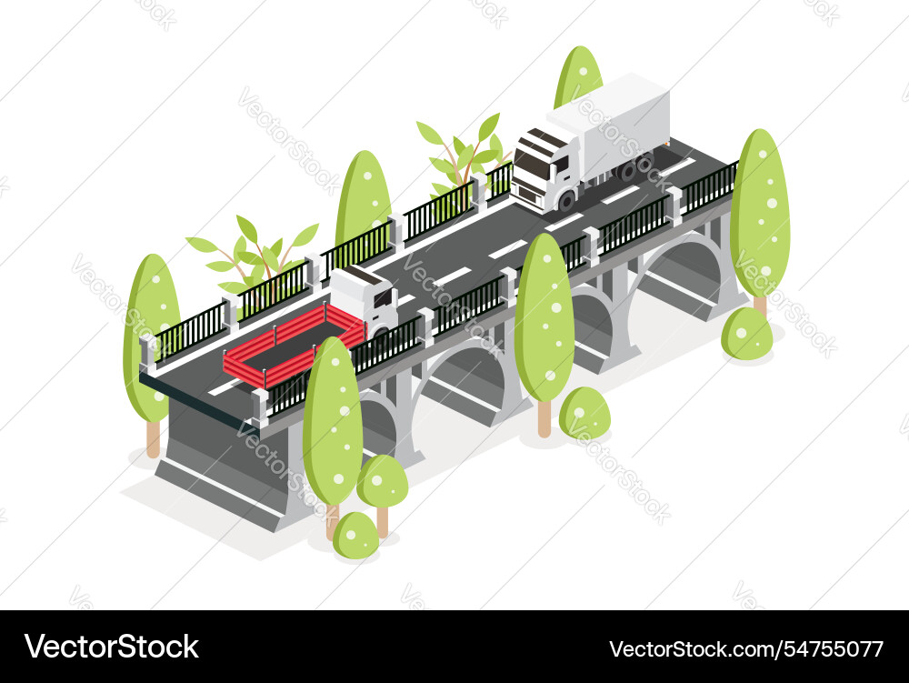 Isometric outline bridge with flatbed truck road Isometric outline bridge with flatbed truck road vector image