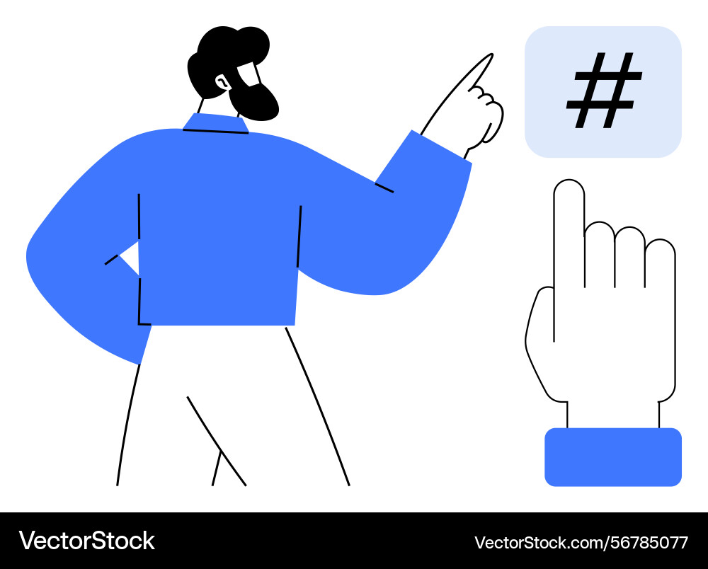 Man pointing at metadata tag with enlarged hand Man pointing at metadata tag with enlarged hand vector image