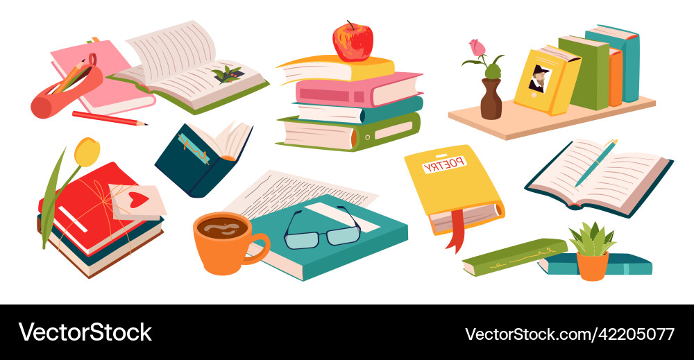 Pile and stack of books set from shelf library Pile and stack of books set from shelf library Vector Image