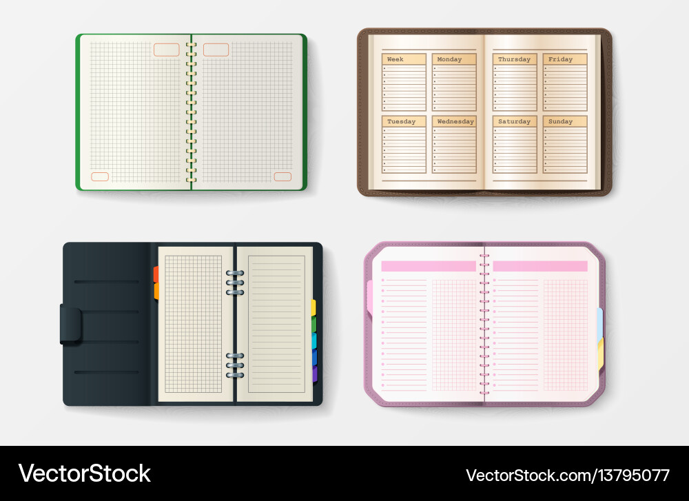 Set of open realistic notebooks with pages diary Set of open realistic notebooks with pages diary Vector Image