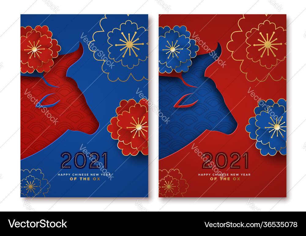 Chinese new year 2021 red blue papercut card set Chinese new year 2021 red blue papercut card set vector image