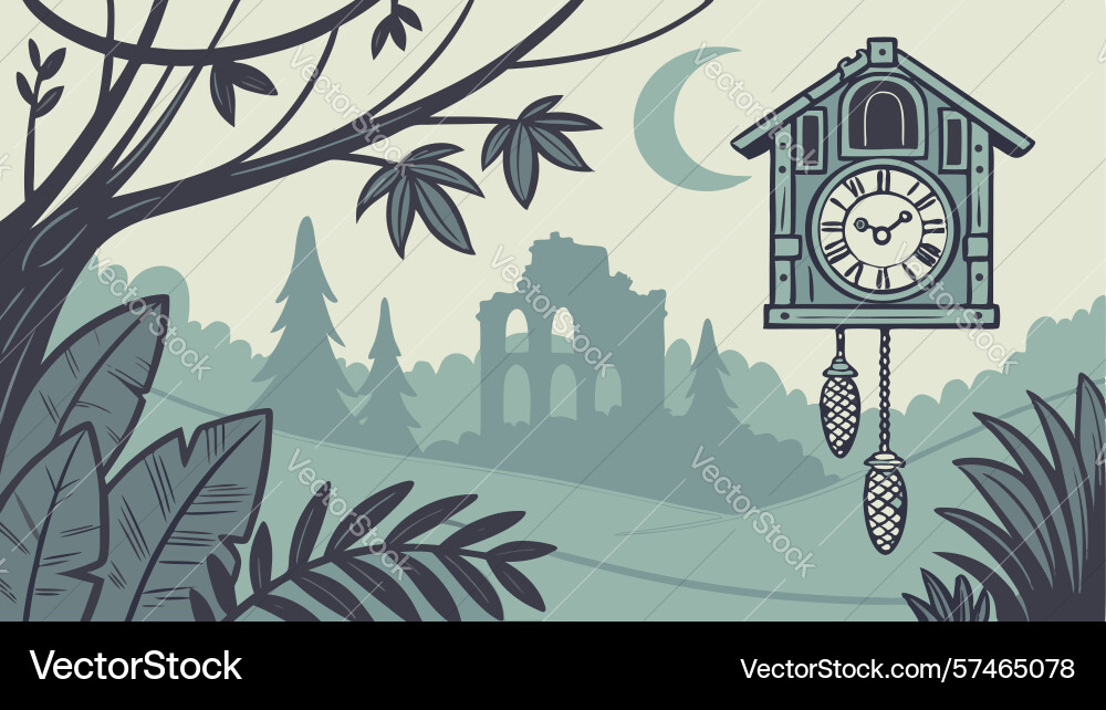 Cuckoo clock on bare tree branch with moon design vector image
