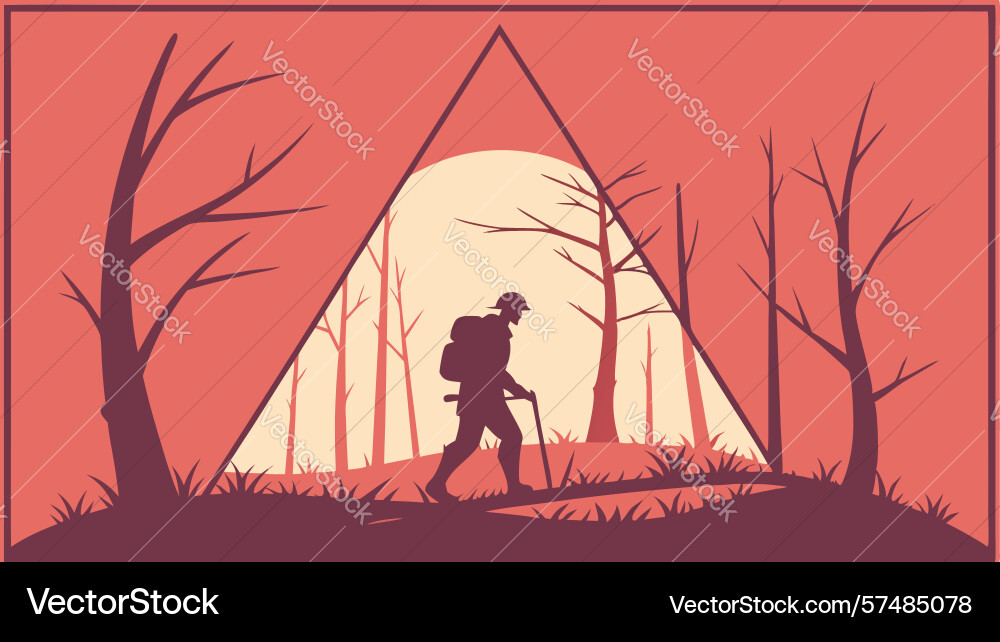 Hiker exploring forest path within abstract vector image