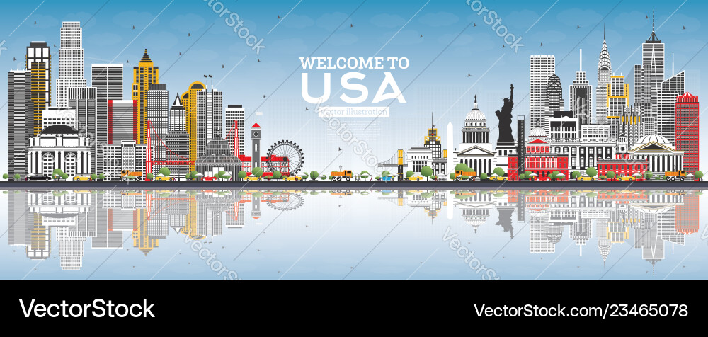 Welcome to usa skyline with gray buildings blue Welcome to usa skyline with gray buildings blue Vector Image