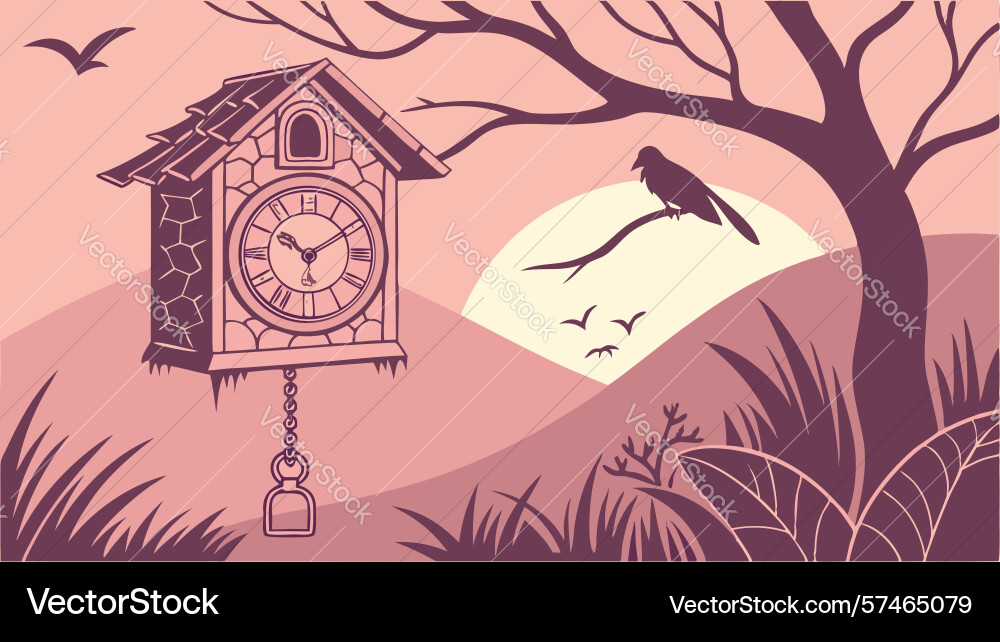 Cuckoo clock on tree with bird at sunset design vector image