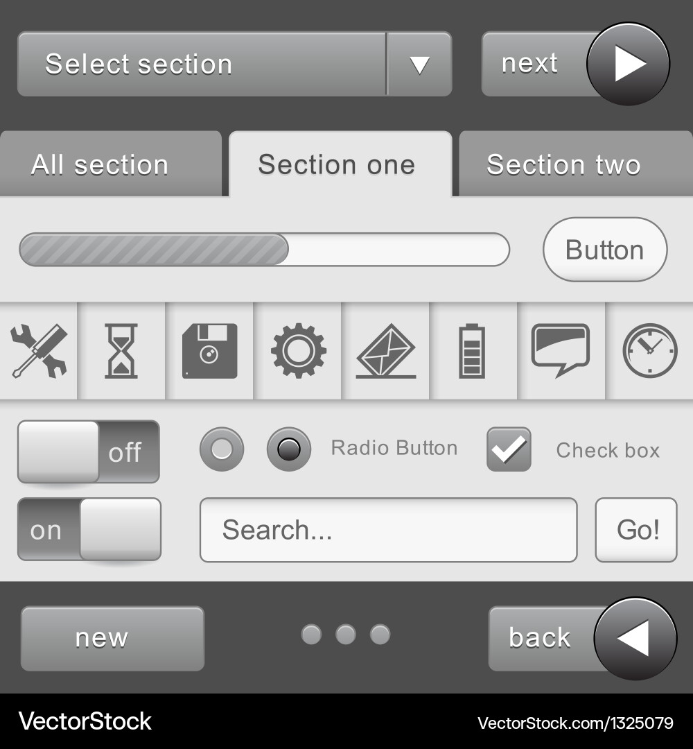 Dark UI Elements - Buttons & Controls vector image