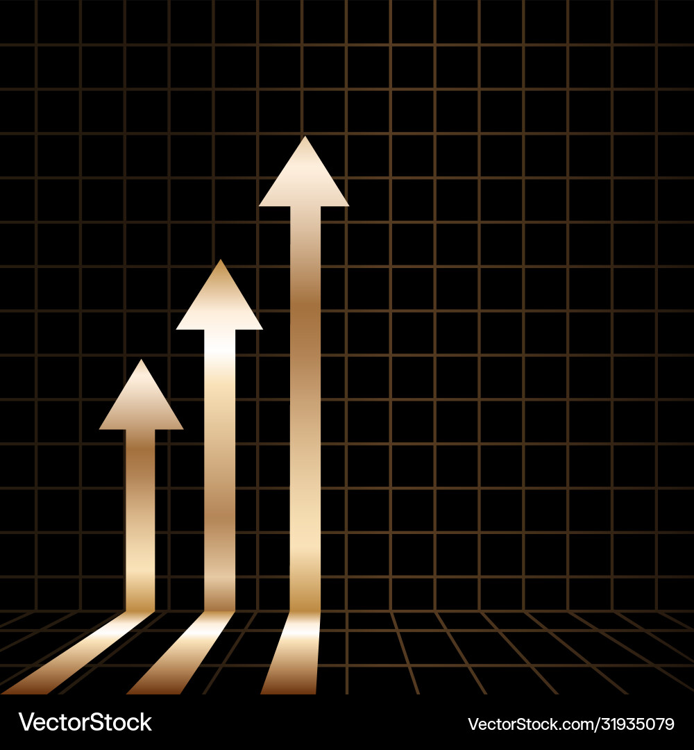 Golden arrow graph on checkered background Vector Image