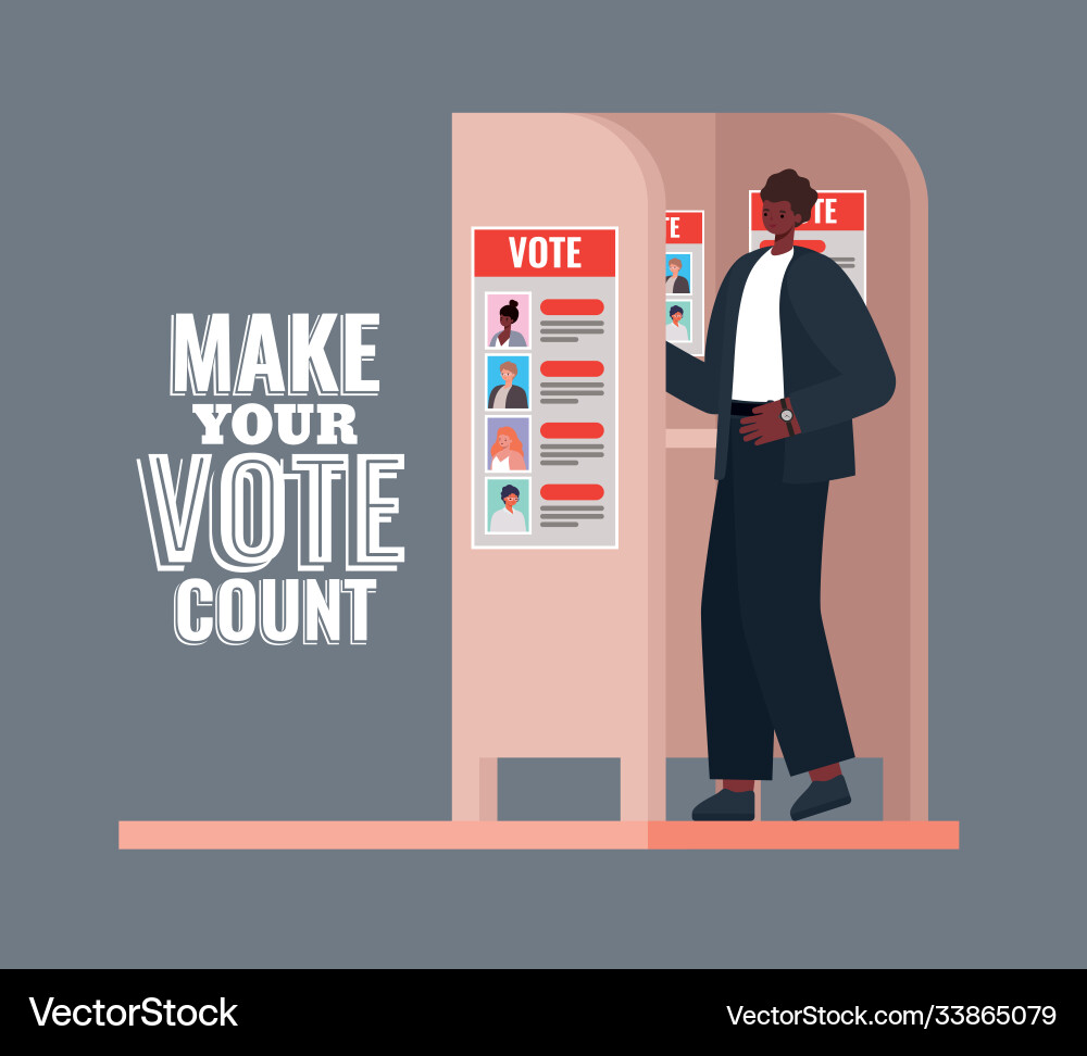 Man at voting booth with make your vote count text vector image